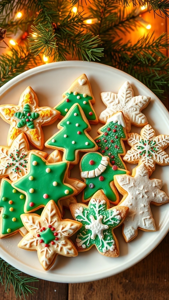 Easy Christmas Sugar Cookies Recipe A plate of decorated Christmas sugar cookies in festive shapes, surrounded by holiday decorations.